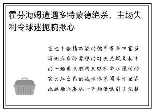 霍芬海姆遭遇多特蒙德绝杀，主场失利令球迷扼腕揪心